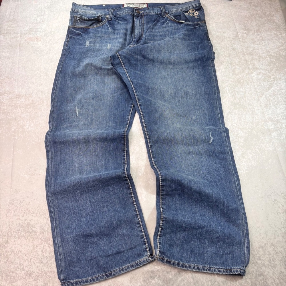 Y2K Artful Dodger Baggy Jeans 38x32 Distressed Embroidered Hip Hop Denim